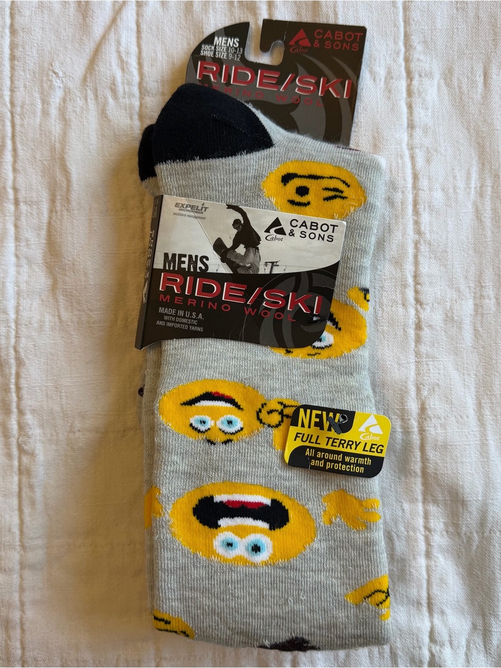 Men's Ride/Ski Merino Wool Socks in Light Gray with Yellow Emoji